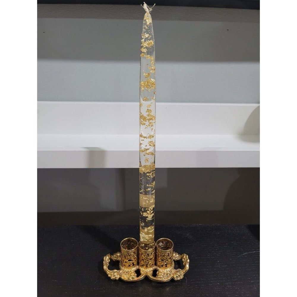 Vtg Lucite Taper Candle  Clear with Gold Flecks  12" Single